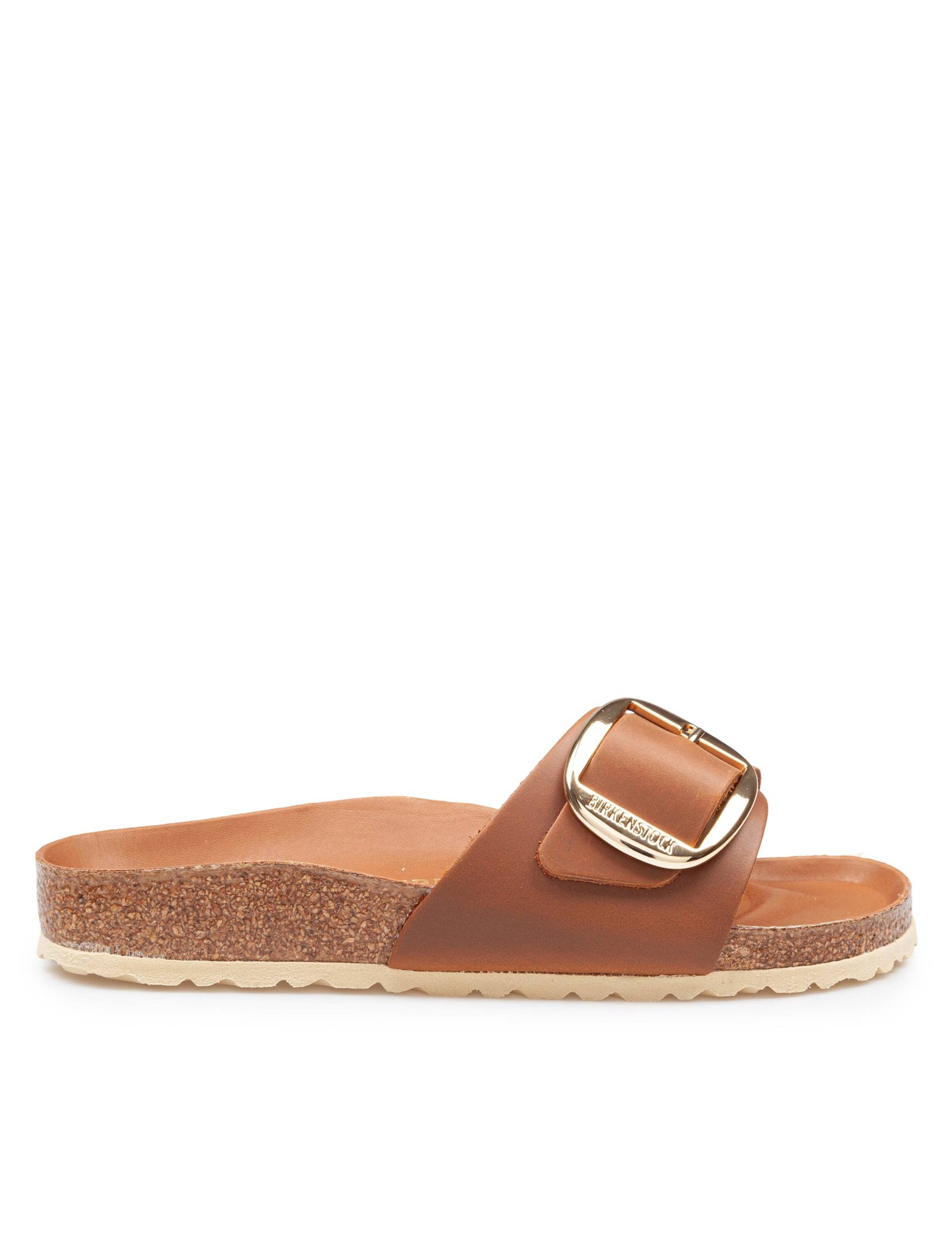 BIRKENSTOCK MADRID SANDAL IN COGNAC NUBUCK WITH LARGE BUCKLE