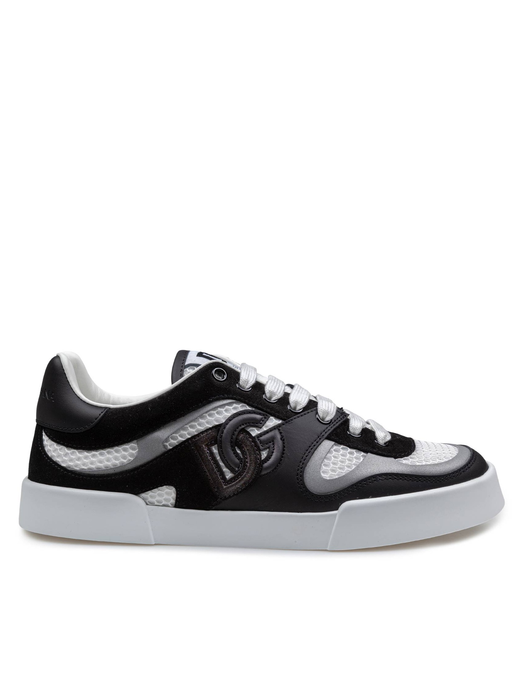 DOLCE & GABBANA PORTOFINO STROBEL LIGHT SNEAKERS IN LEATHER AND FABRIC COLOR BLACK AND WHITE